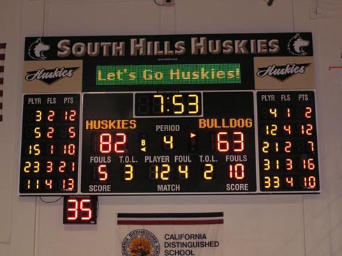 Basketball Scoreboard with Message Display & Stats Panels. South Hills H.S. Covina, Ca