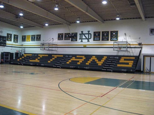 Indoor Bleachers. Plastic Seat Modules. Notre Dame H.S. Riverside, Ca